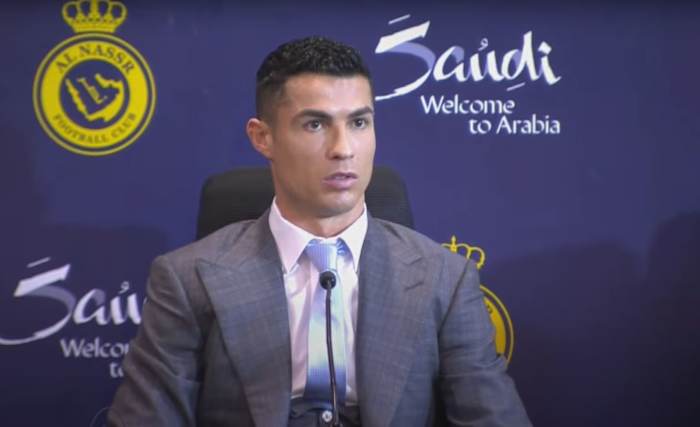 Cristiano Ronaldo pictured at a press conference at Mrsool Park ahead of his grand unveiling in front of Al Nassr fans in January 2023